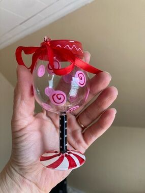 Hand-Painted Red & Pink Glass Ornament Goblet with Ribbon